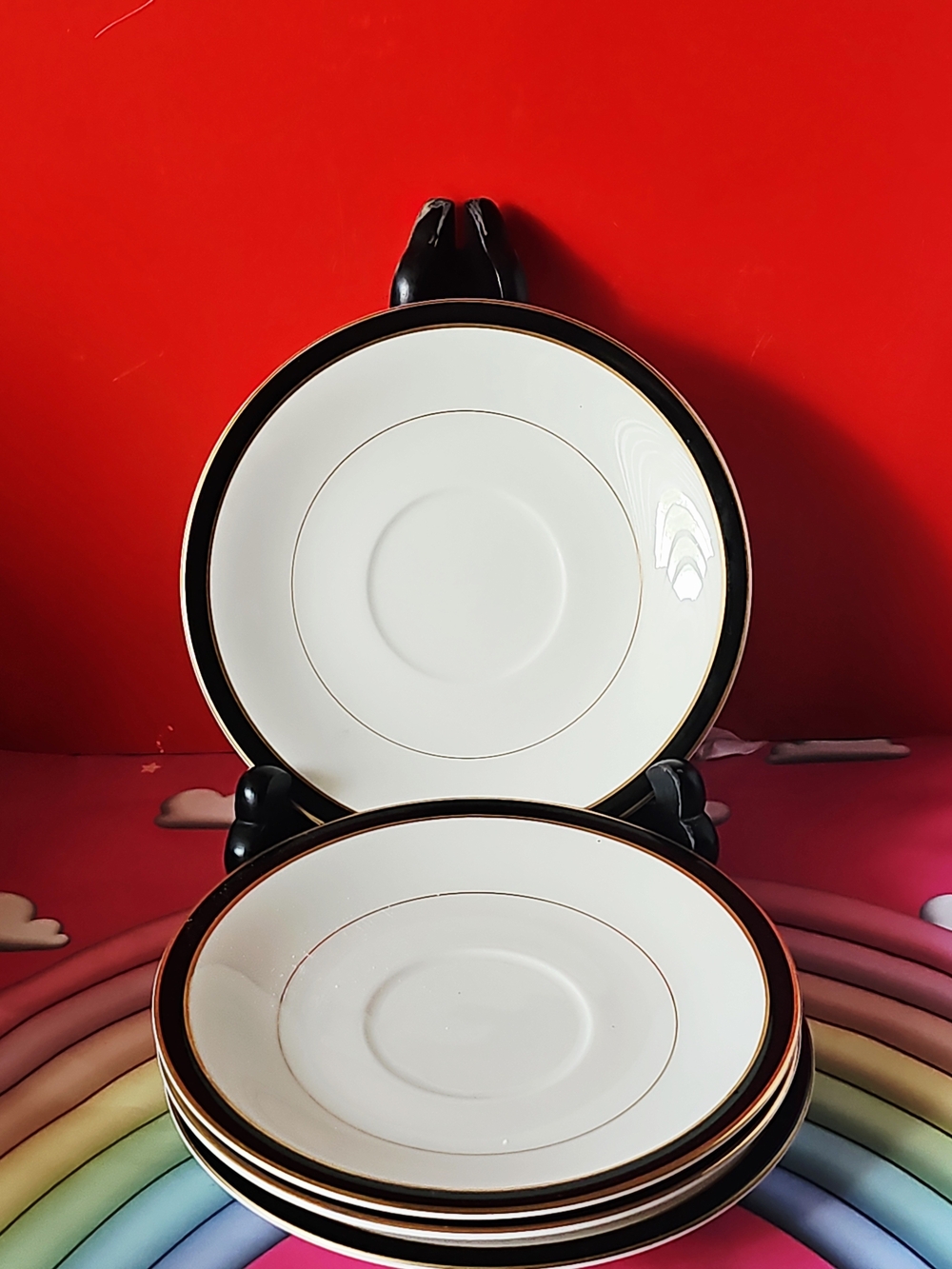 Set of 4 MIKASA "Black Tie" Fine China Saucer with Black and Gold Rim
